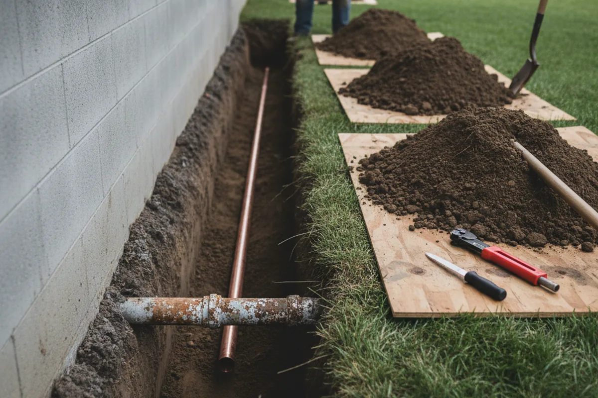 Excavated water line trench during Water Softener Installation in Locust Valley